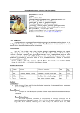 Biographical Resume of Professor Rana Pratap Singh