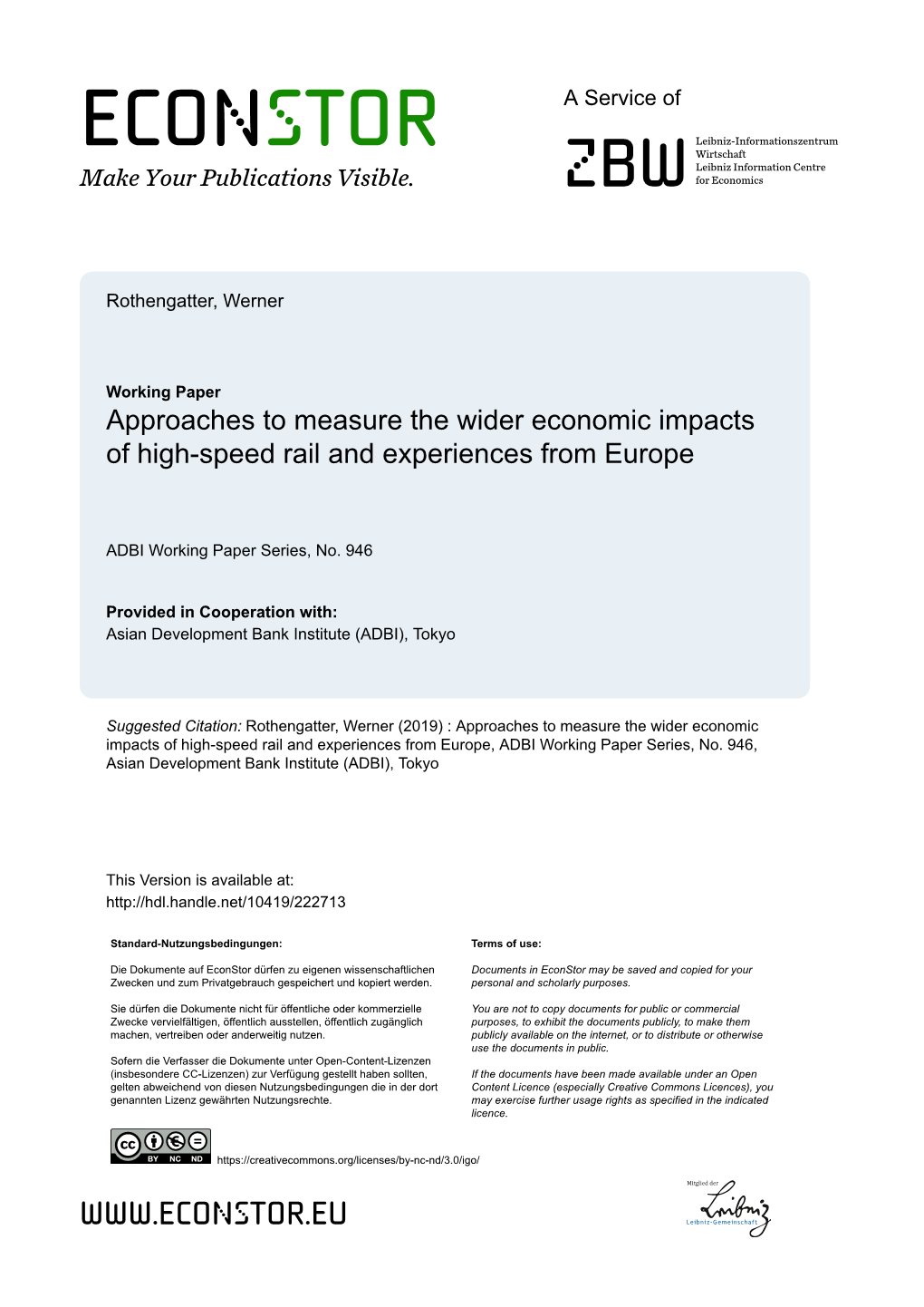 Approaches to Measure the Wider Economic Impacts of High-Speed Rail and Experiences from Europe