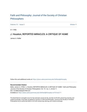 J. Houston, REPORTED MIRACLES: a CRITIQUE of HUME