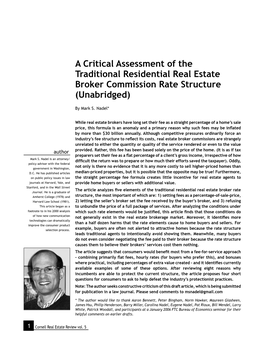 A Critical Assessment of the Traditional Residential Real Estate Broker Commission Rate Structure (Unabridged)