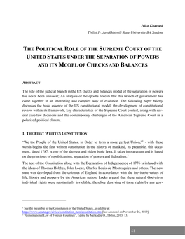 The Political Role of the Supreme Court of the United States Under the Separation of Powers and Its Model of Checks and Balances