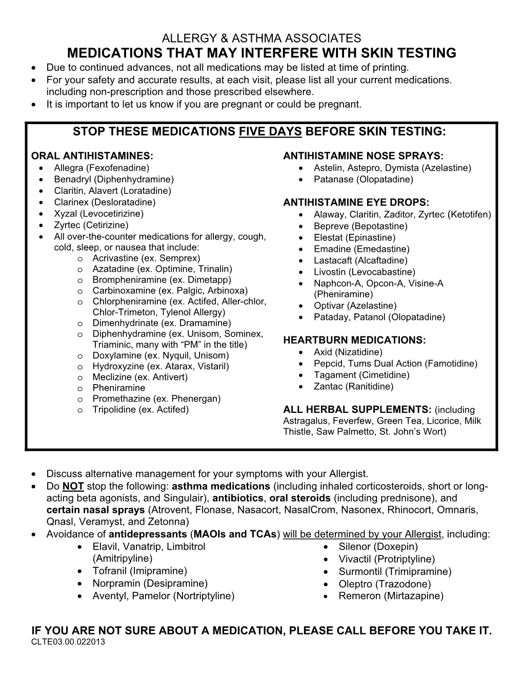 MEDICATIONS THAT MAY INTERFERE with SKIN TESTING • Due to Continued Advances, Not All Medications May Be Listed at Time of Printing