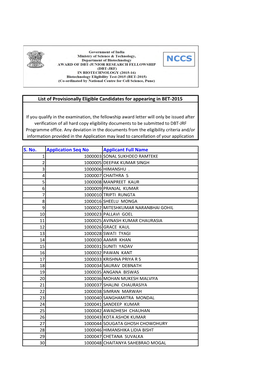S. No. Application Seq No Applicant Full Name List of Provisionally Eligible Candidates for Appearing in BET-2015
