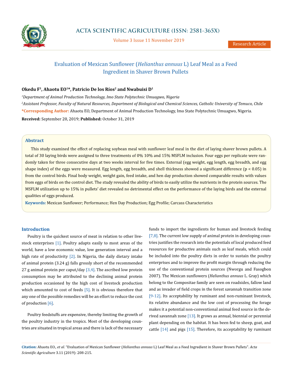 Evaluation of Mexican Sunflower (Helianthus Annuus L) Leaf Meal As a Feed Ingredient in Shaver Brown Pullets