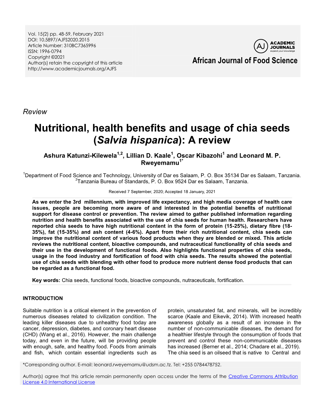 Nutritional, Health Benefits and Usage of Chia Seeds (Salvia Hispanica): a Review