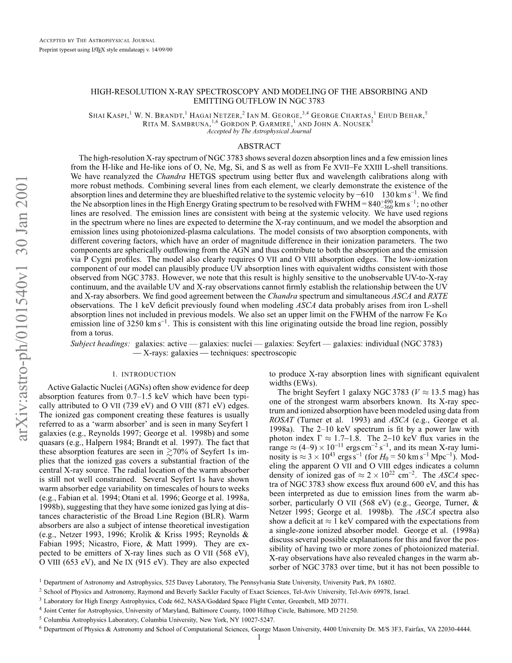 Arxiv:Astro-Ph/0101540V1 30 Jan 2001 Rpittpstuigl Using Typeset Preprint Etdt Eeitr Fxrylnssc So Ex- As Are Such They Lines X-Ray 1999)