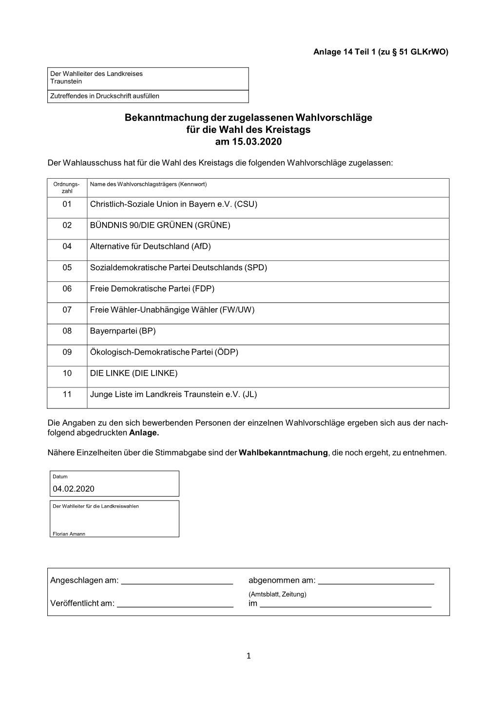 Bekanntmachung Der Zugelassenen Wahlvorschläge Für Die Wahl Des Kreistags Am 15.03.2020