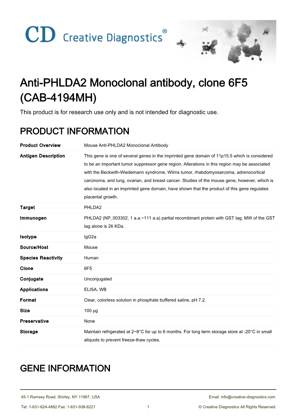 Anti-PHLDA2 Monoclonal Antibody, Clone 6F5 (CAB-4194MH) This Product Is for Research Use Only and Is Not Intended for Diagnostic Use