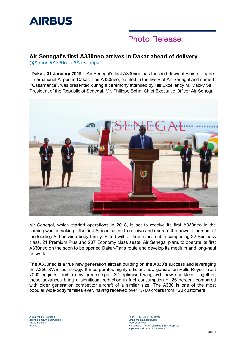 Air Senegal's First A330neo Arrives in Dakar Ahead of Delivery