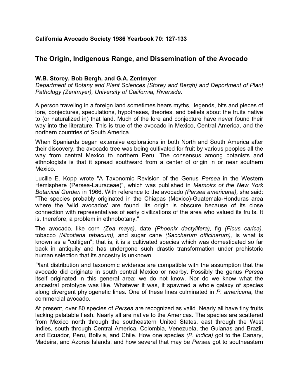 The Origin, Indigenous Range, and Dissemination of the Avocado