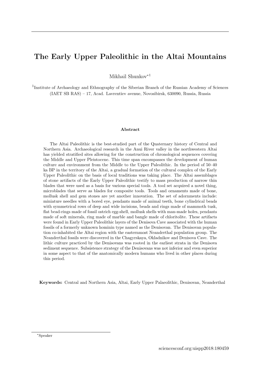 The Early Upper Paleolithic in the Altai Mountains