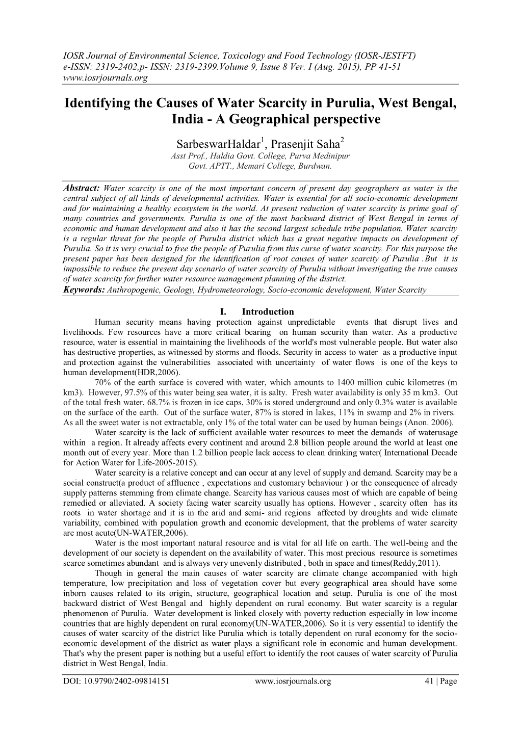 Identifying the Causes of Water Scarcity in Purulia, West Bengal, India - a Geographical Perspective