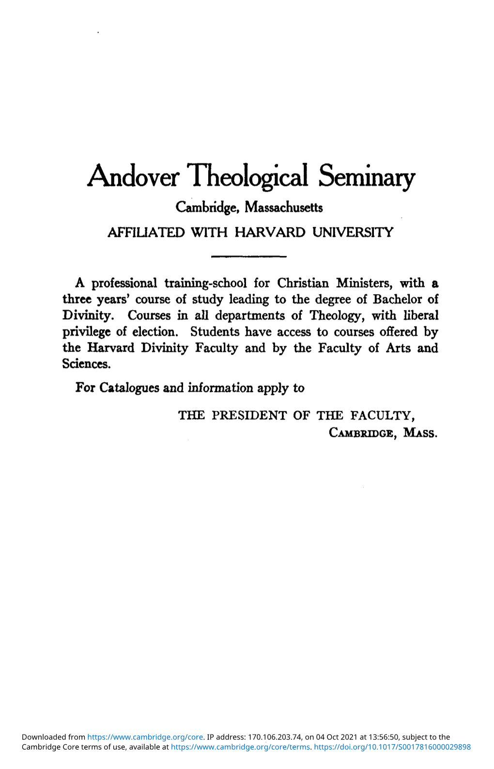 Andover Theological Seminary Cambridge, Massachusetts AFFILIATED with HARVARD UNIVERSITY