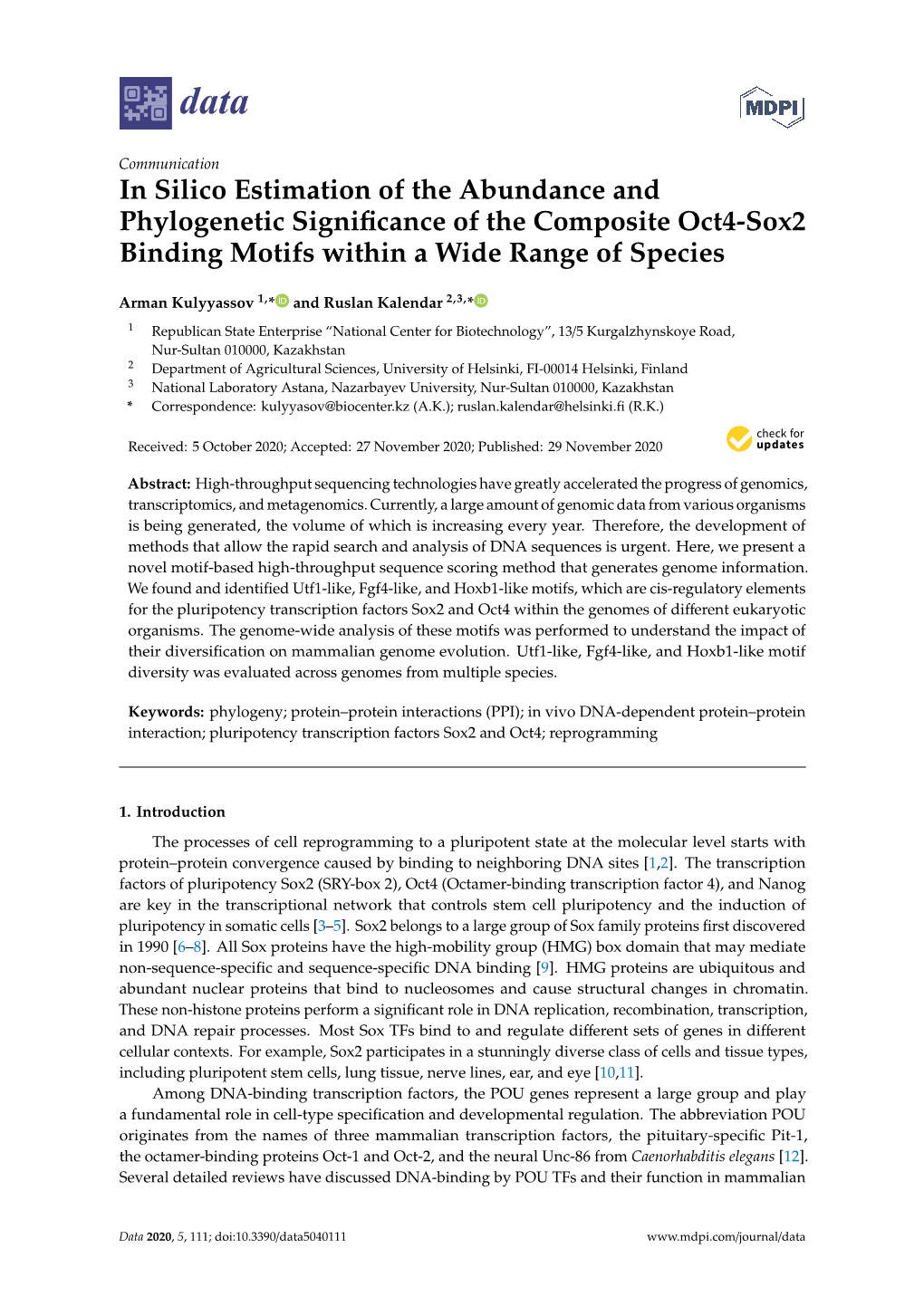 In Silico Estimation of the Abundance and Phylogenetic Signiﬁcance of the Composite Oct4-Sox2 Binding Motifs Within a Wide Range of Species