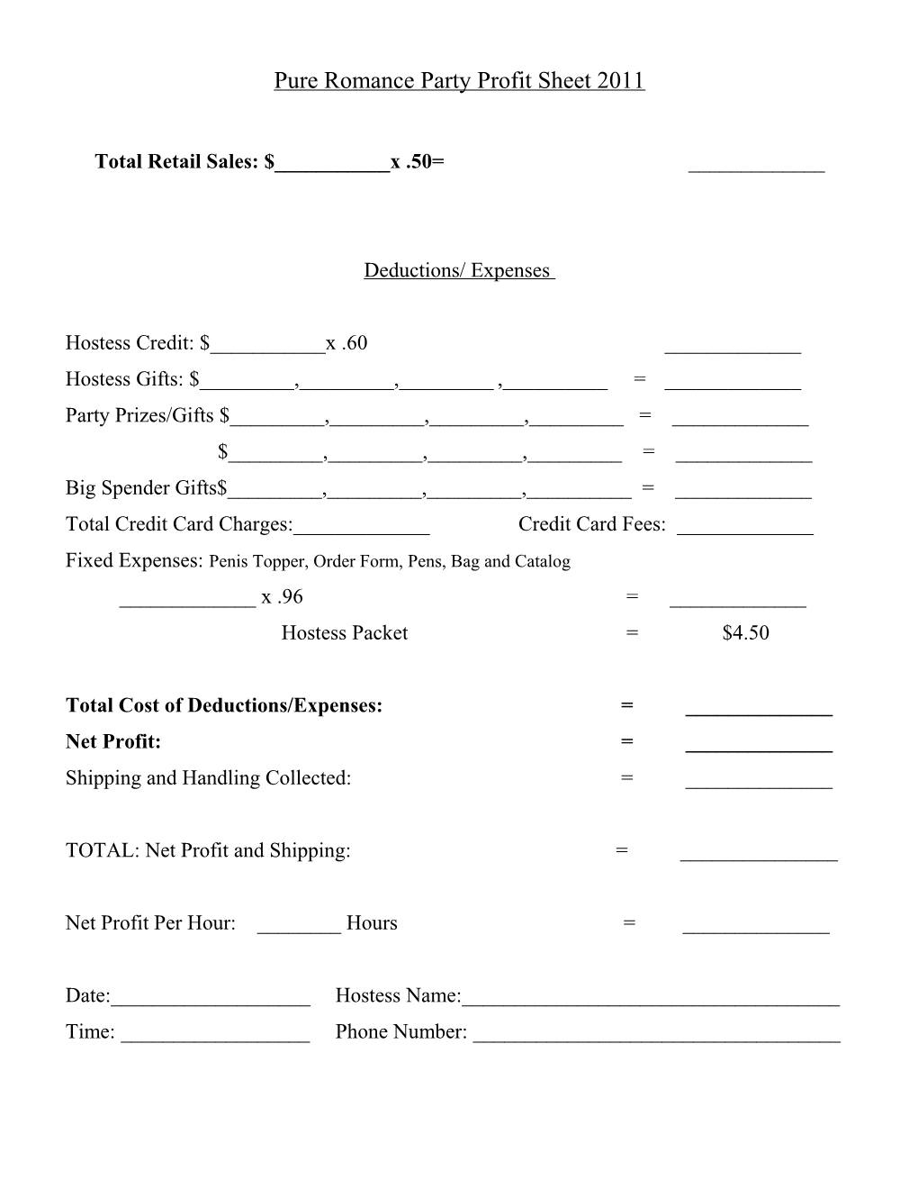 Pure Romance Party Profit Sheet