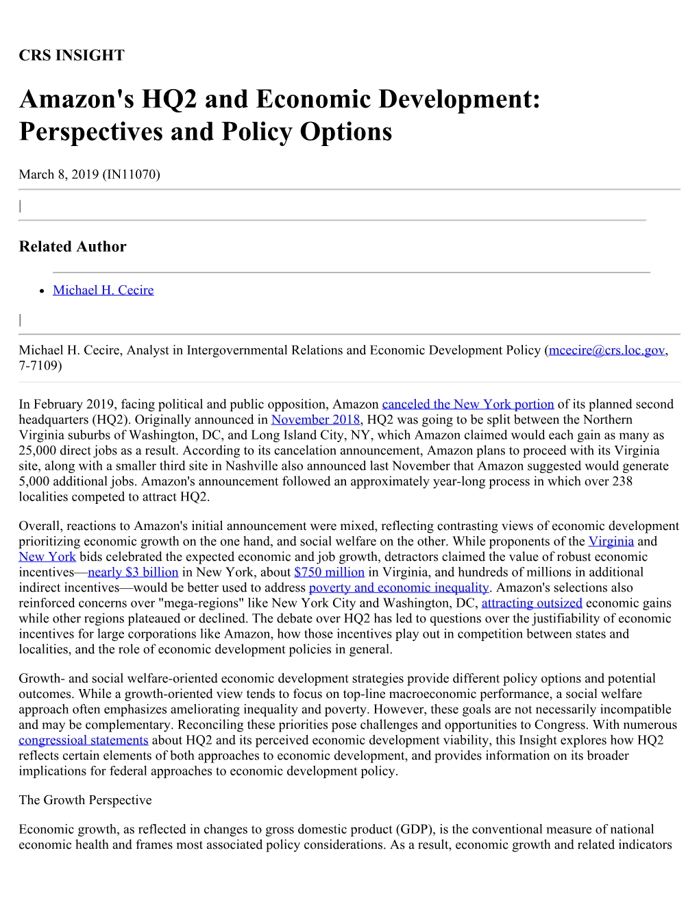 Amazon's HQ2 and Economic Development: Perspectives and Policy Options