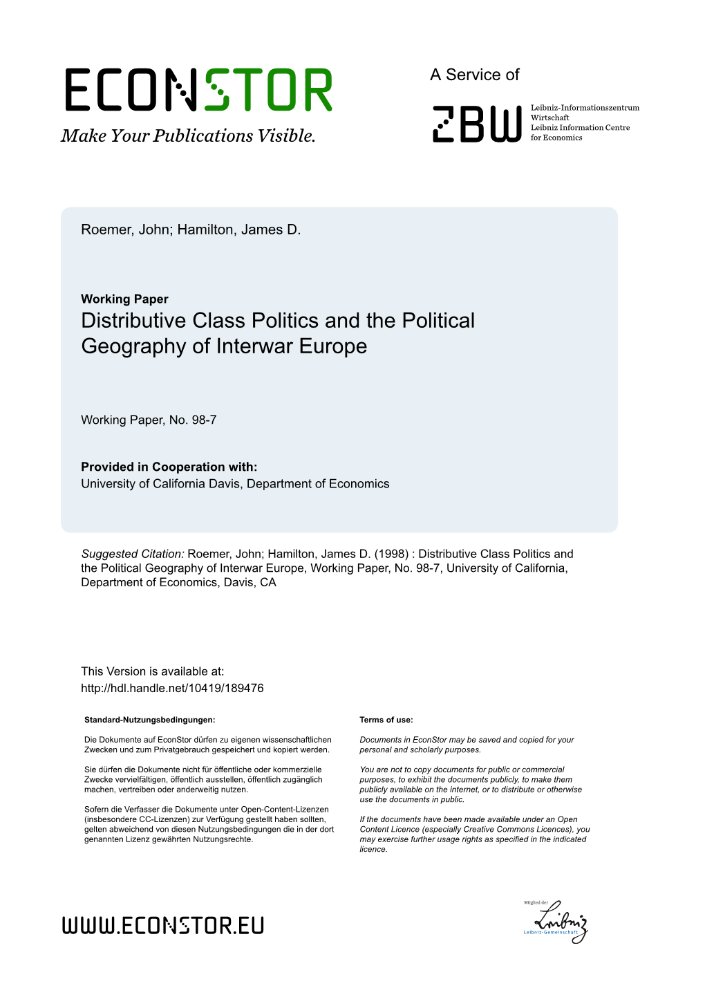 Distributive Class Politics and the Political Geography of Interwar Europe