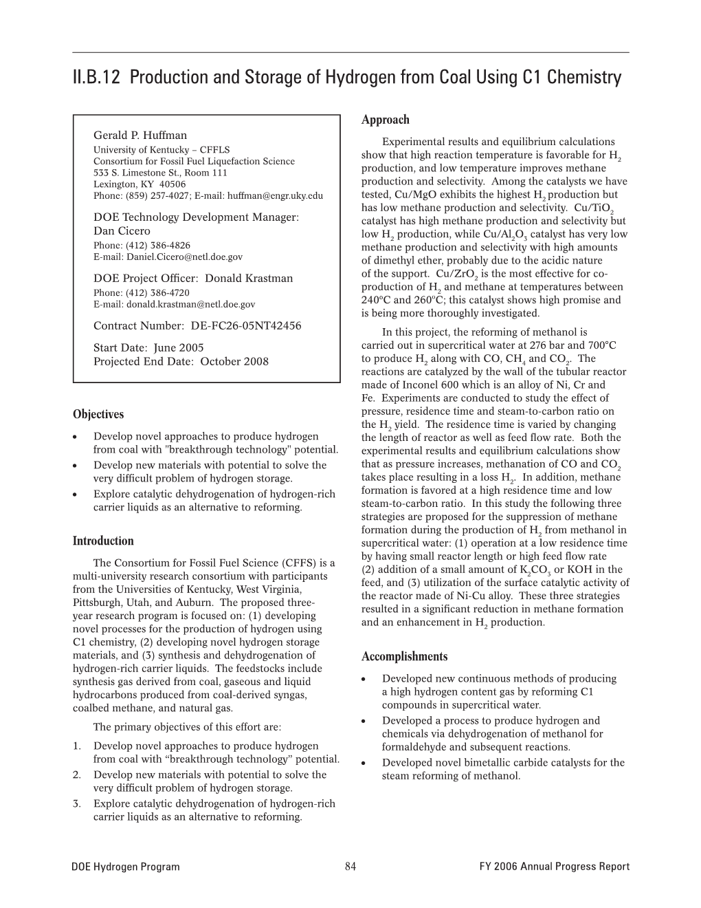 Production and Storage of Hydrogen from Coal Using C1 Chemistry