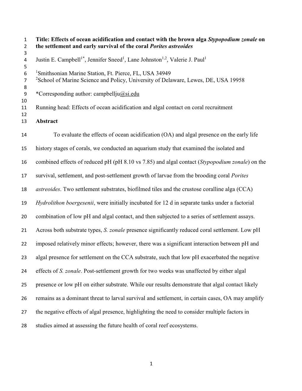 Title: Effects of Ocean Acidification and Contact with the Brown Alga