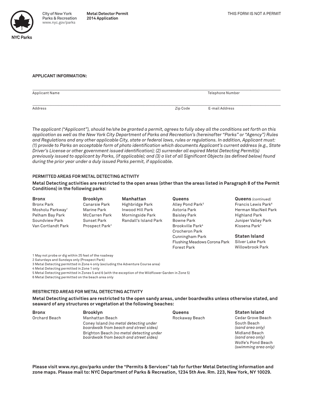 NYC Parks Metal Detecting Permit Application