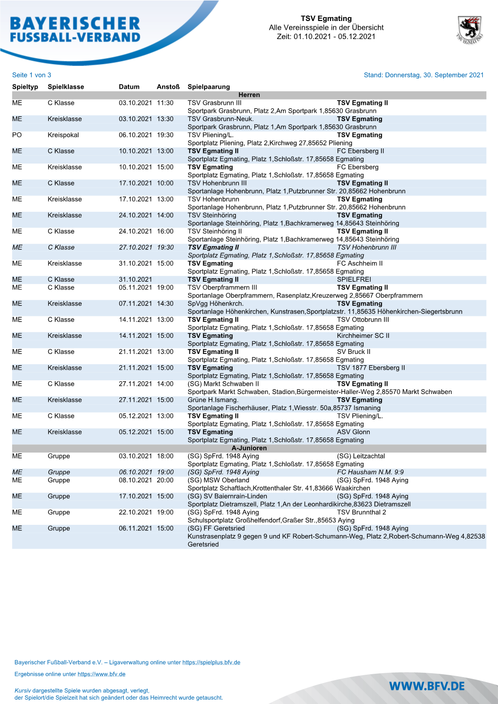 TSV Egmating Alle Vereinsspiele in Der Übersicht Zeit: 05.09.2021