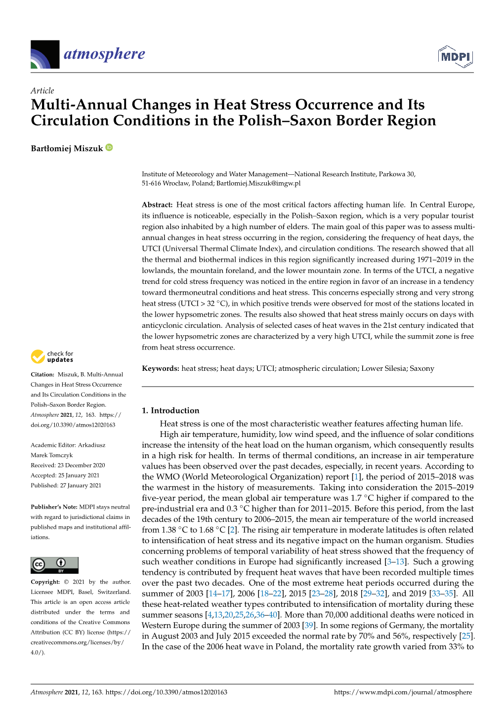 Multi-Annual Changes in Heat Stress Occurrence and Its Circulation Conditions in the Polish–Saxon Border Region