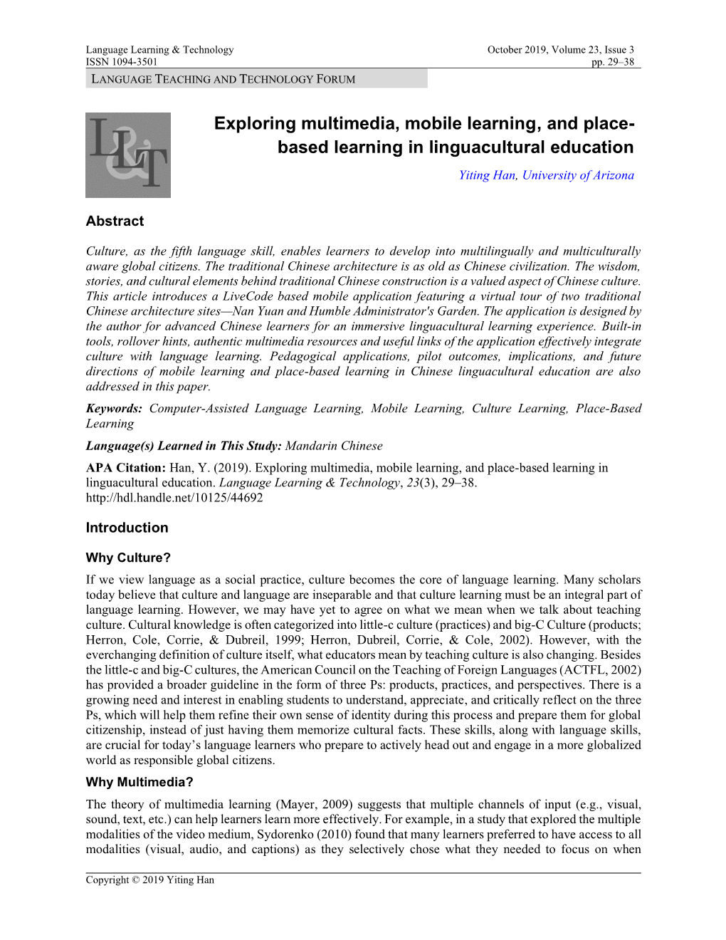 Exploring Multimedia, Mobile Learning, and Place-Based Learning in Linguacultural Education