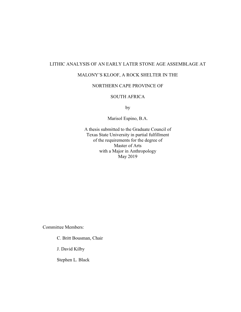 Lithic Analysis of an Early Later Stone Age Assemblage at Malony's Kloof, a Rock Shelter in the Northern Cape Province of So