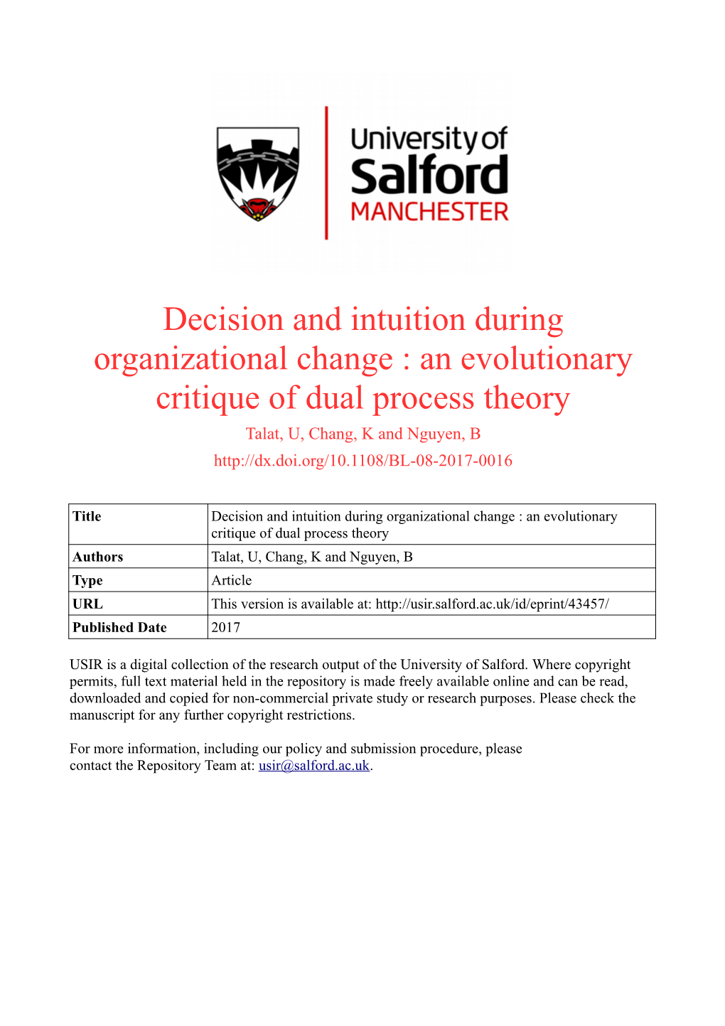 An Evolutionary Critique of Dual Process Theory Talat, U, Chang, K and Nguyen, B