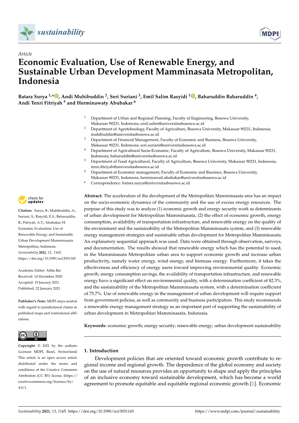 Economic Evaluation, Use of Renewable Energy, and Sustainable Urban Development Mamminasata Metropolitan, Indonesia