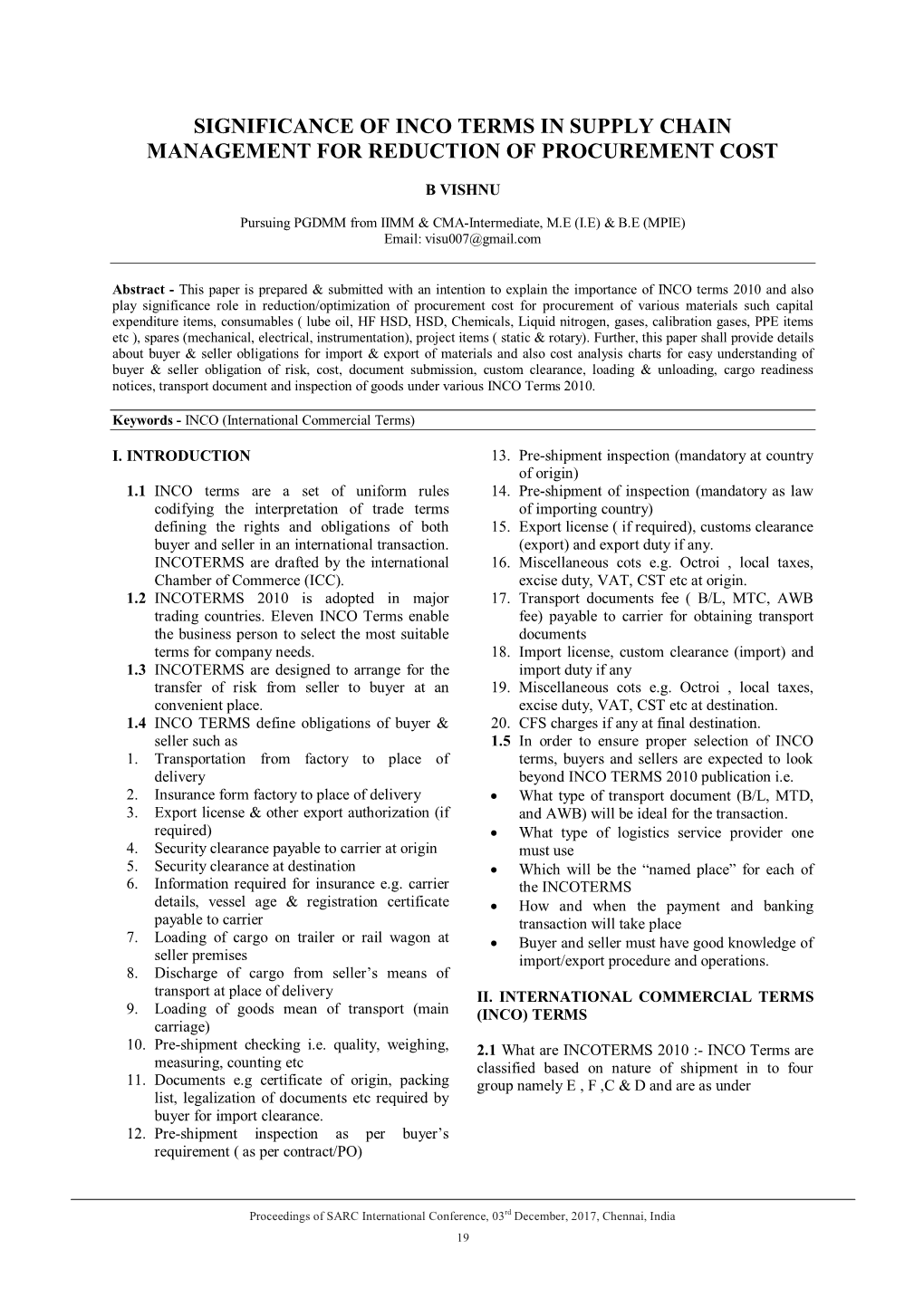 Significance of Inco Terms in Supply Chain Management for Reduction of Procurement Cost