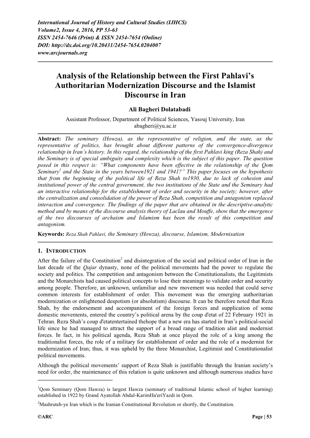 Analysis of the Relationship Between the First Pahlavi's Authoritarian