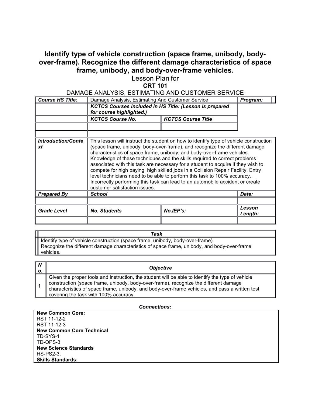 Identify Type of Vehicle Construction (Space Frame, Unibody, Body-Over-Frame). Recognize