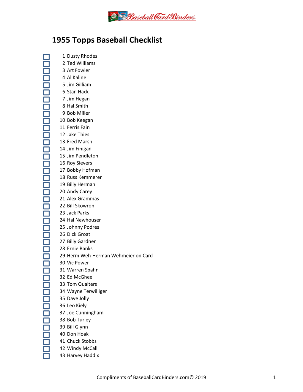 1955 Topps Baseball Checklist