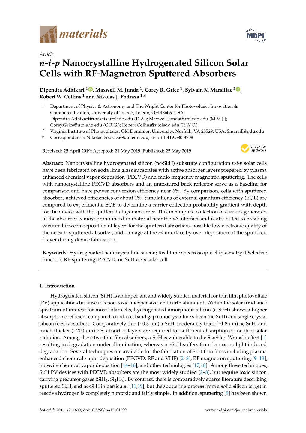 N-I-P Nanocrystalline Hydrogenated Silicon Solar Cells with RF-Magnetron Sputtered Absorbers