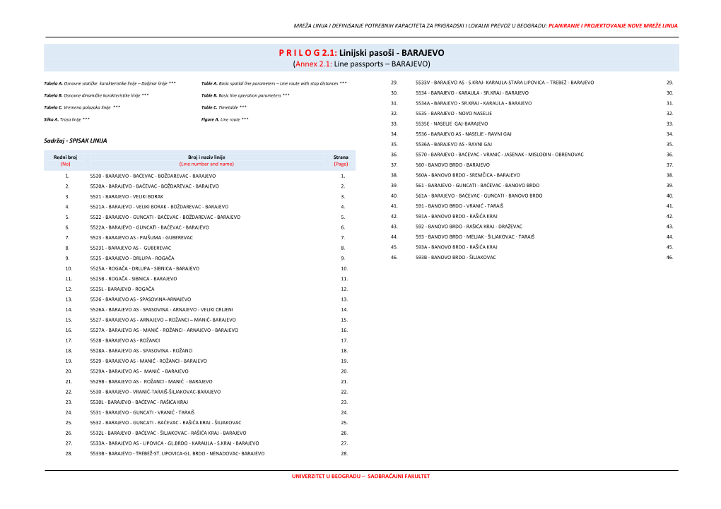 P R I L O G 2.1: Linijski Pasoši - BARAJEVO (Annex 2.1: Line Passports – BARAJEVO)