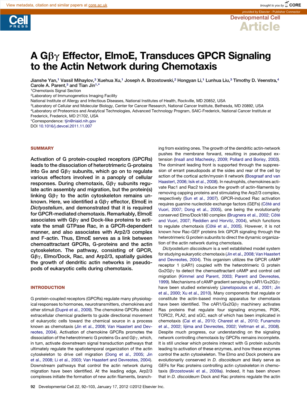 A G&Beta;&Gamma; Effector, Elmoe, Transduces GPCR