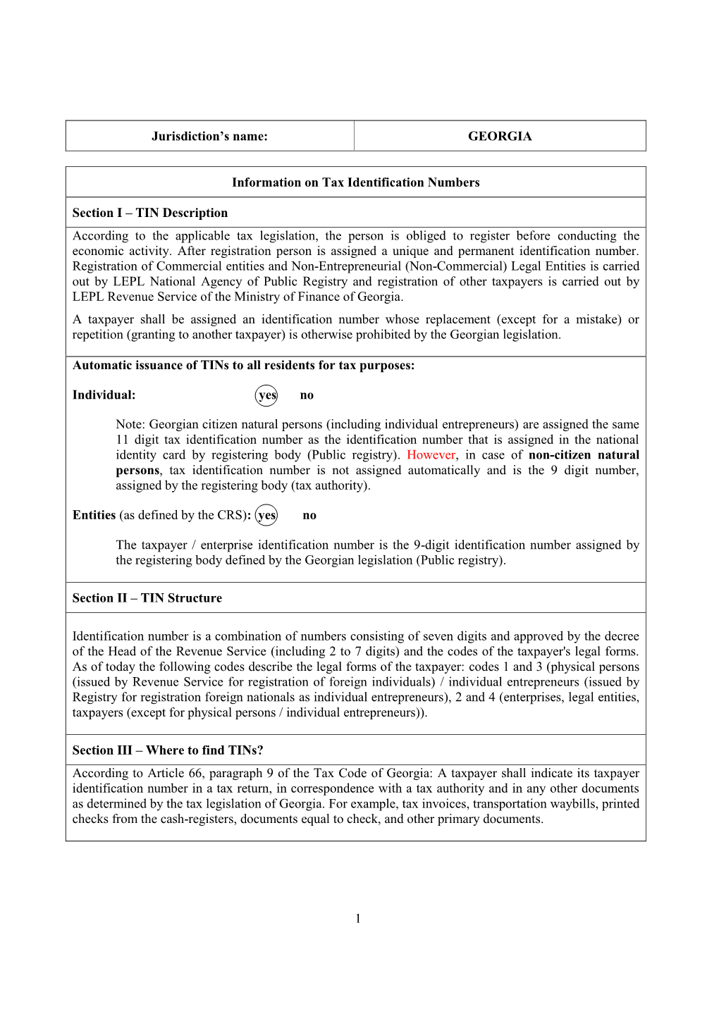 GEORGIA Information on Tax Identification Numbers Section I