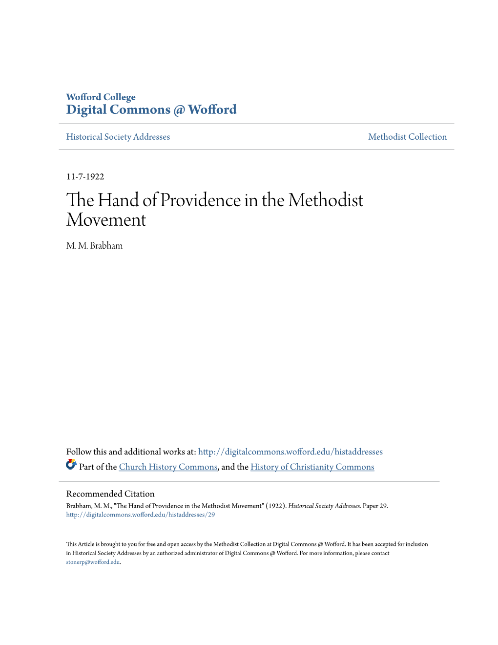The Hand of Providence in the Methodist Movement