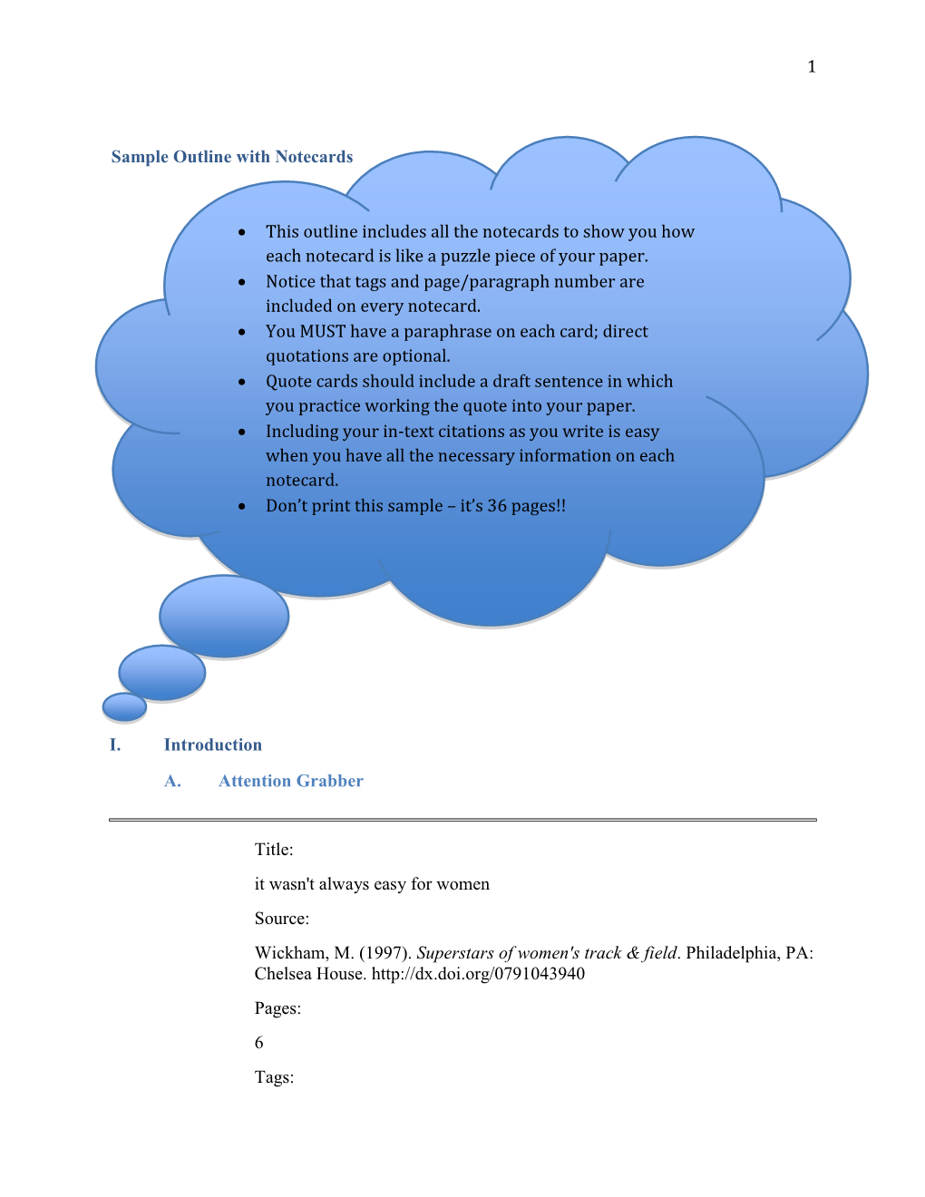 1 Sample Outline with Notecards I. Introduction A. Attention Grabber Title