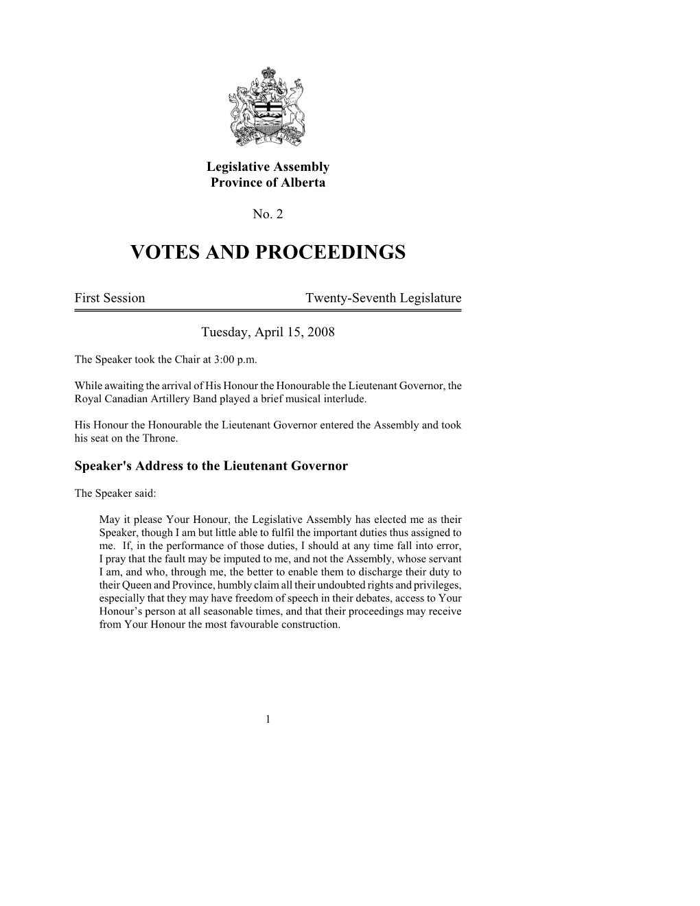 Votes and Proceedings Dated April 15, 2008