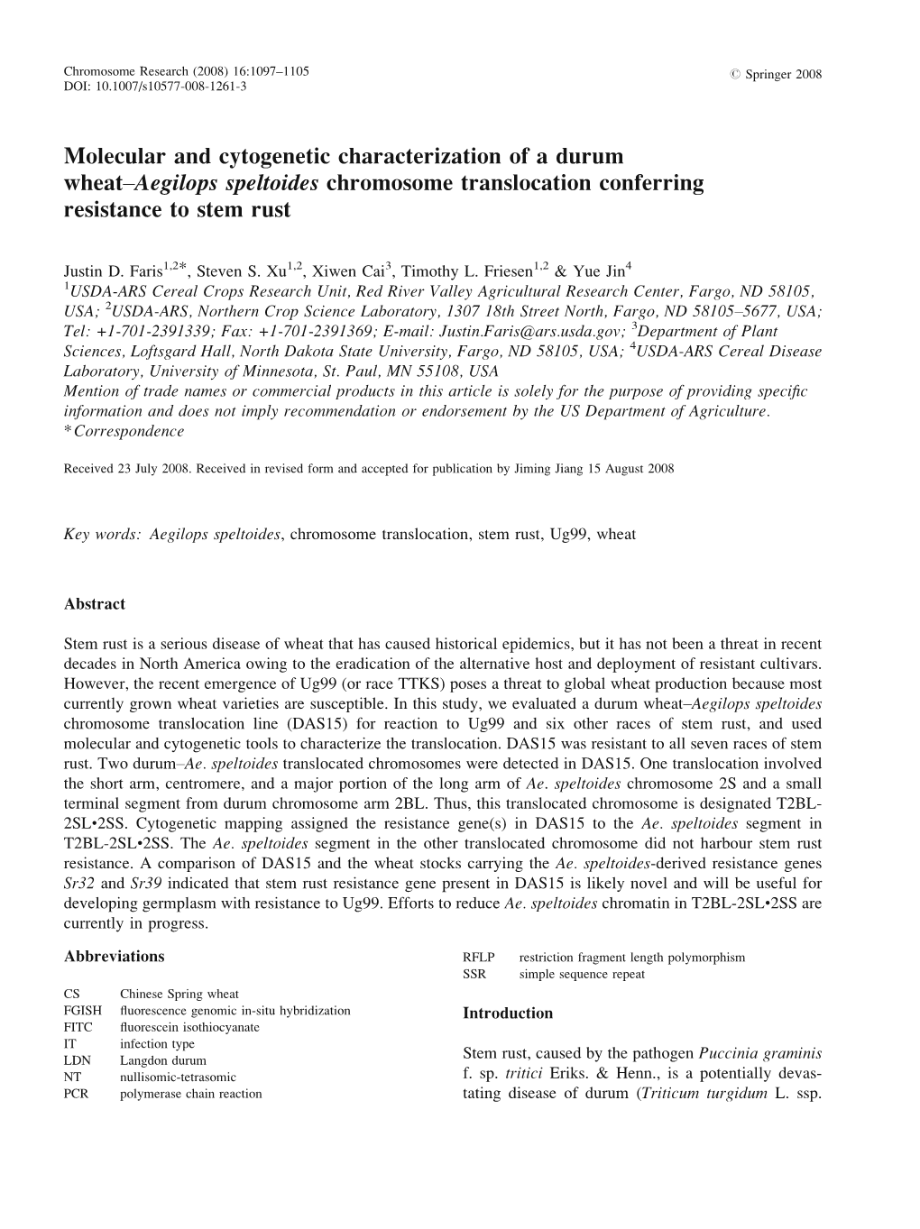 Molecular and Cytogenetic Characterization of a Durum Wheatyaegilops Speltoides Chromosome Translocation Conferring Resistance to Stem Rust