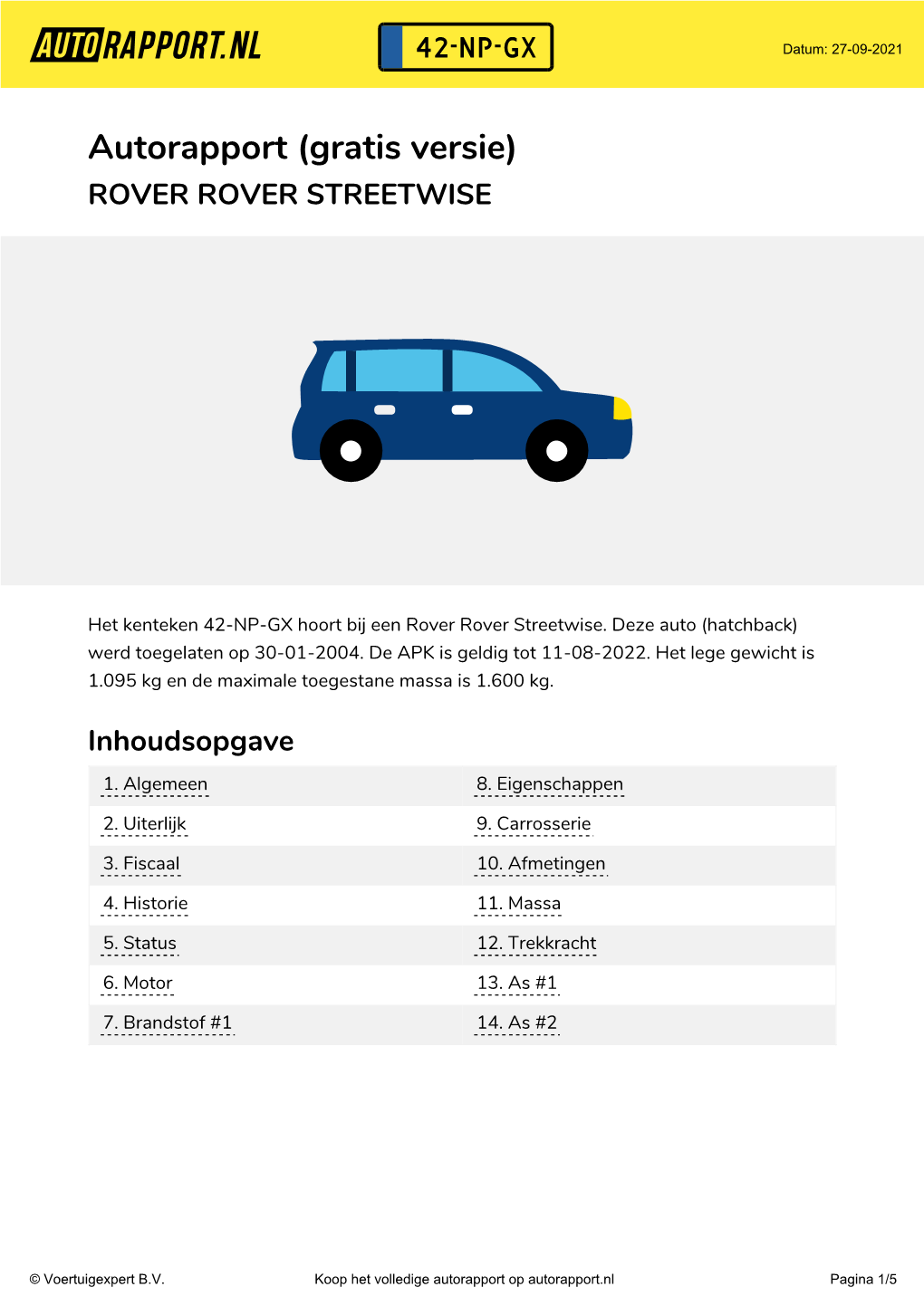 42-NP-GX Autorapport | ROVER ROVER STREETWISE