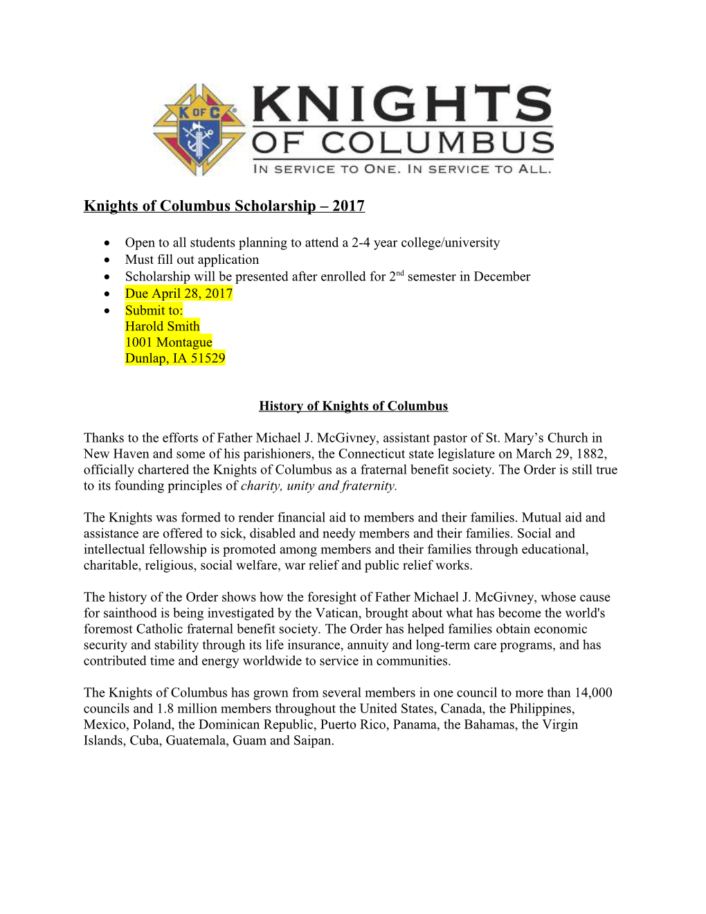 Knights of Columbus Scholarship 2017