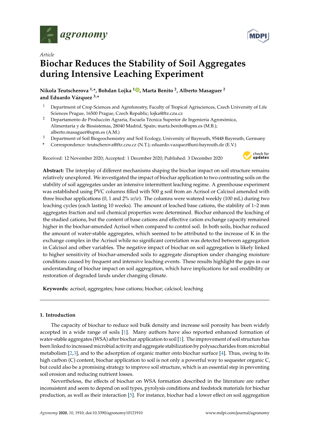 Biochar Reduces the Stability of Soil Aggregates During Intensive Leaching Experiment