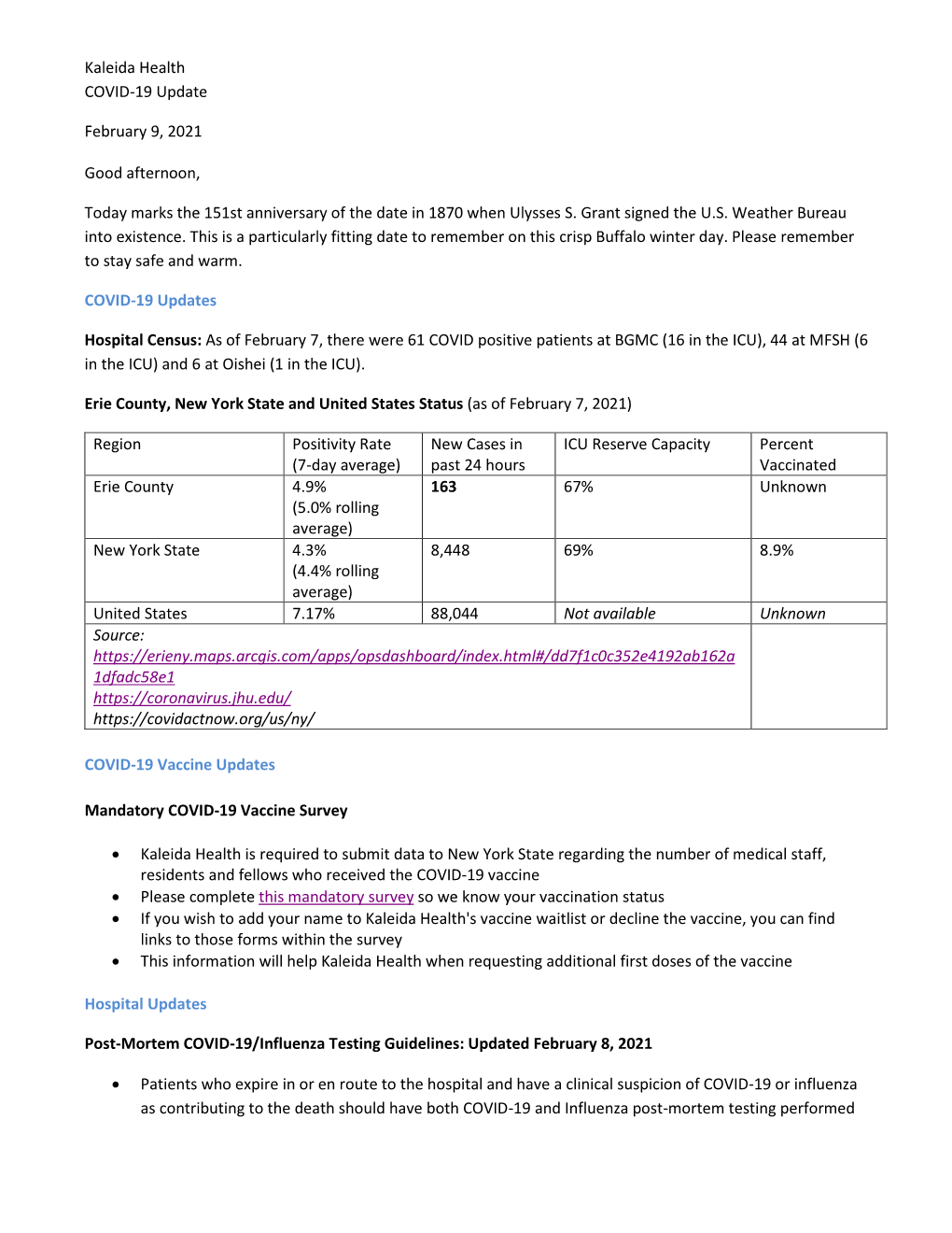 Kaleida Health COVID-19 Update February 9, 2021 Good Afternoon