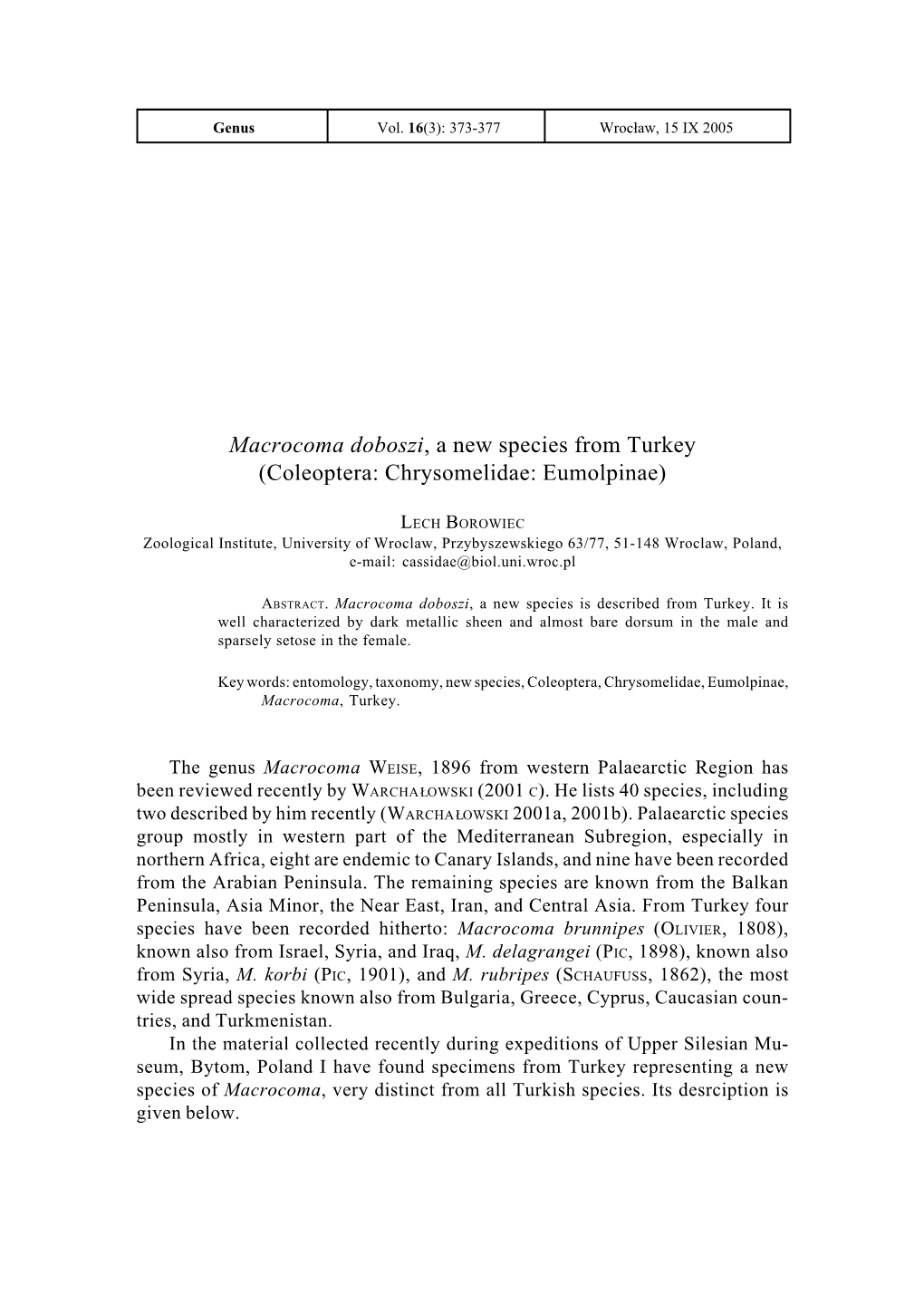 Macrocoma Doboszi, a New Species from Turkey (Coleoptera: Chrysomelidae: Eumolpinae)