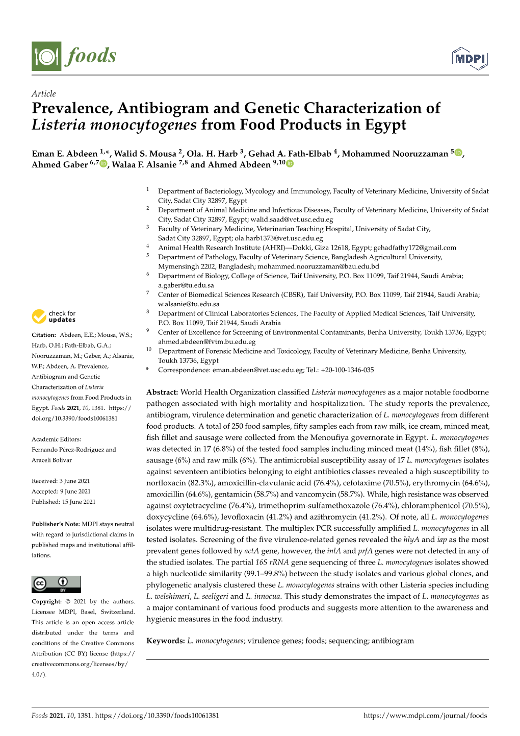 Prevalence, Antibiogram and Genetic Characterization of Listeria Monocytogenes from Food Products in Egypt