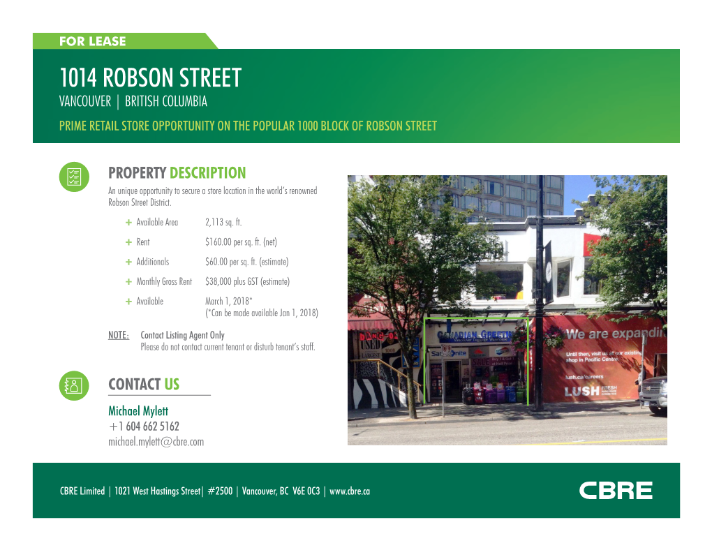 1014 Robson Street Vancouver | British Columbia Prime Retail Store Opportunity on the Popular 1000 Block of Robson Street