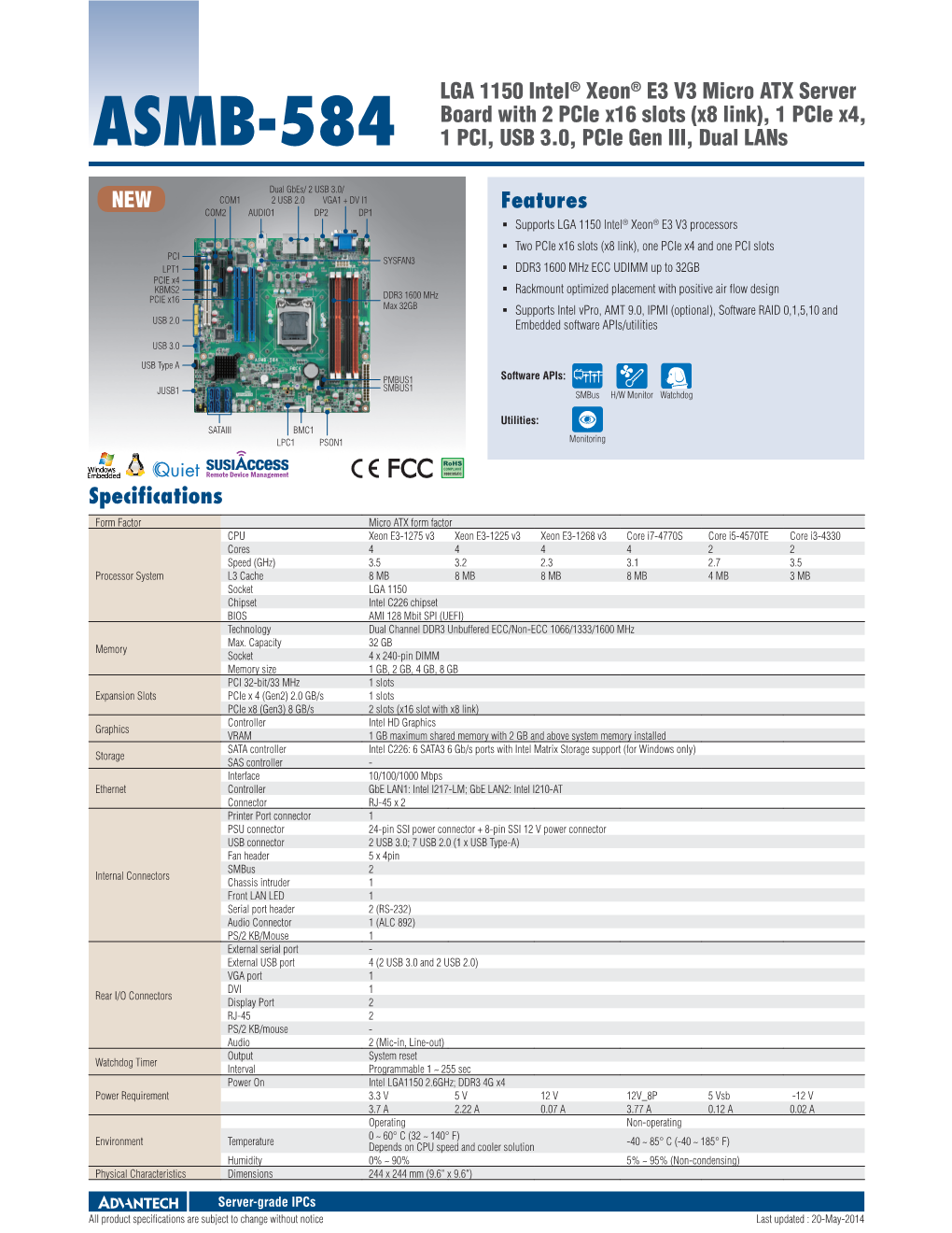 ASMB-584 1 PCI, USB 3.0, Pcie Gen III, Dual Lans